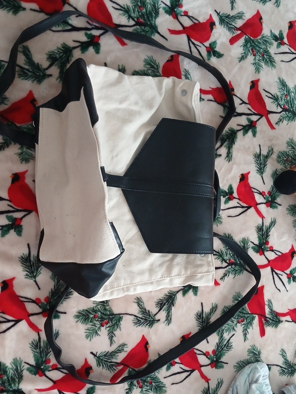 Deux Lux Cream Canvas Tote with Black Faux-Leather Accents